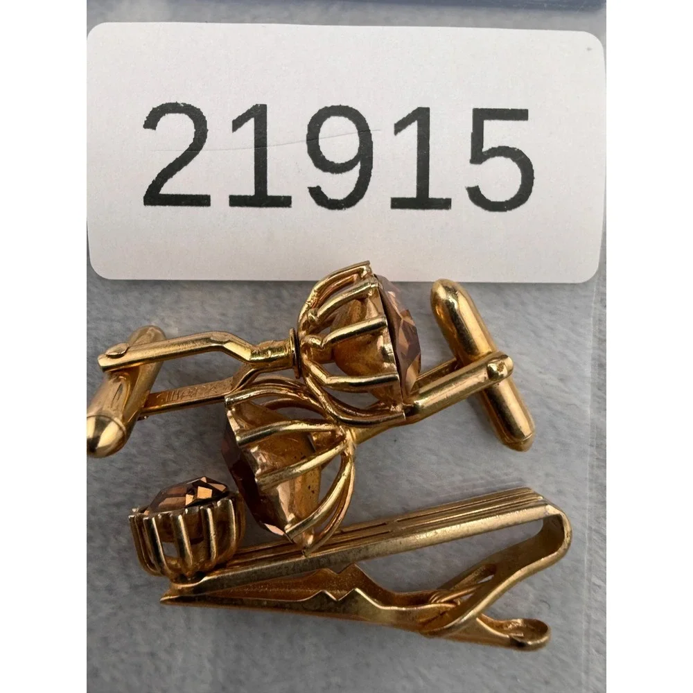 Vintage Swank Cufflink Tiebar‎ Clip Set Gold Tone Rhinestone Sign